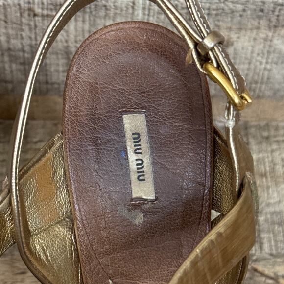 Miu Miu Gold Strappy Stiletto Open Toe Heels Cork Sole Size 39.5 9.5 - Picture 12 of 14